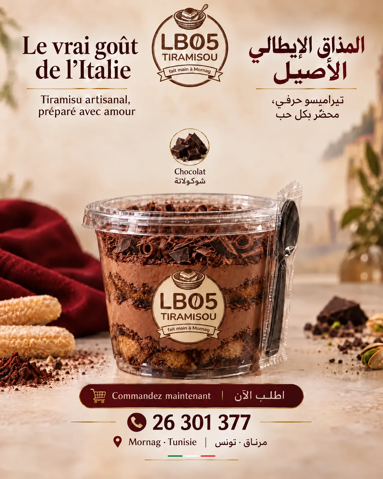 Affiche du tiramisu chocolat LB05, avec uniquement la variante Chocolat dans la rangée des parfums