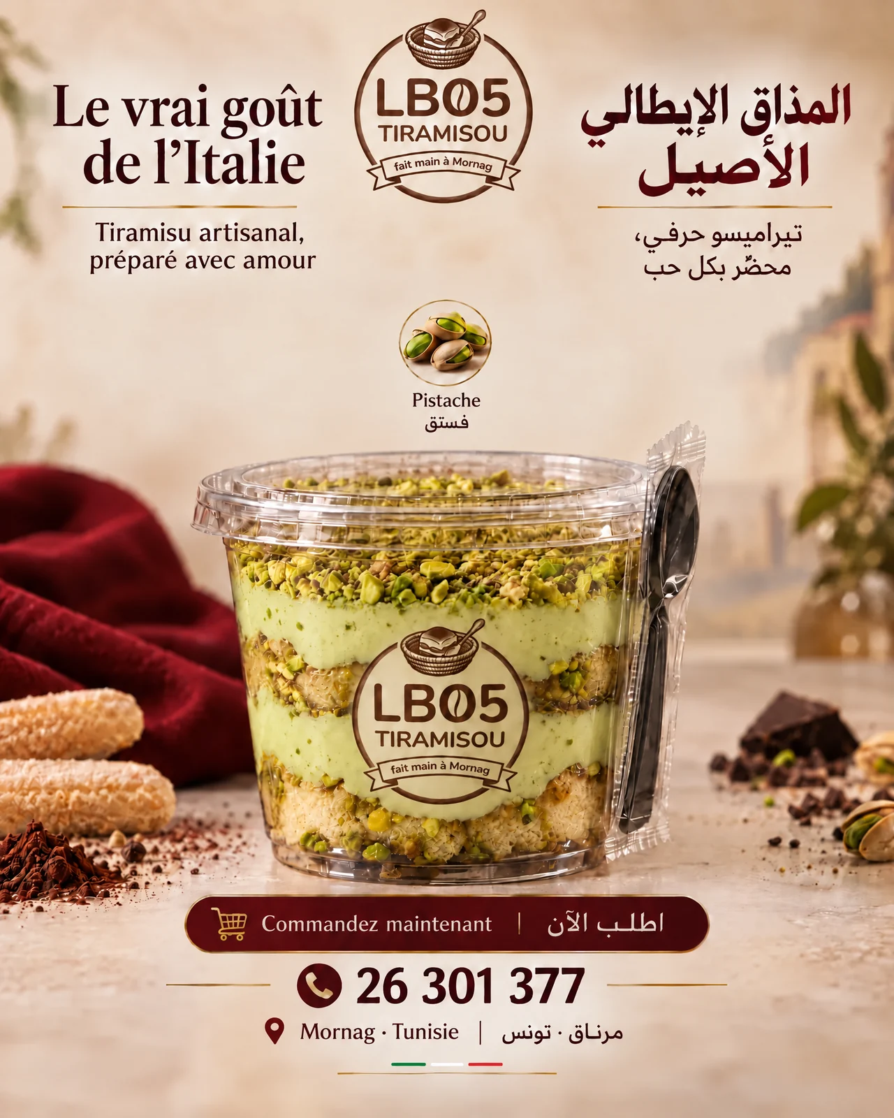 Affiche du tiramisu pistache LB05, avec uniquement la variante Pistache dans la rangée des parfums